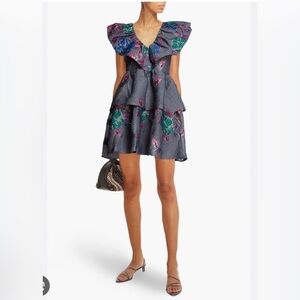 Ganni Ruffled Floral Printed Cloque Jacquard Mini Dress